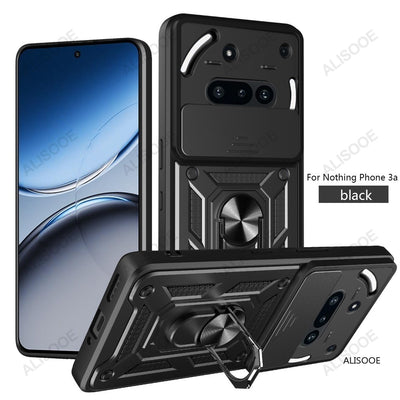 Nothing Phone 3A 5G Rugged Magnetic Armor Phone Case with Rotating Ring Stand & Camera Cover